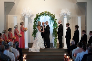 Wedding Ceremony: Bride, Groom, Wedding Party, Arch, Columns, Greenery, Feathers
